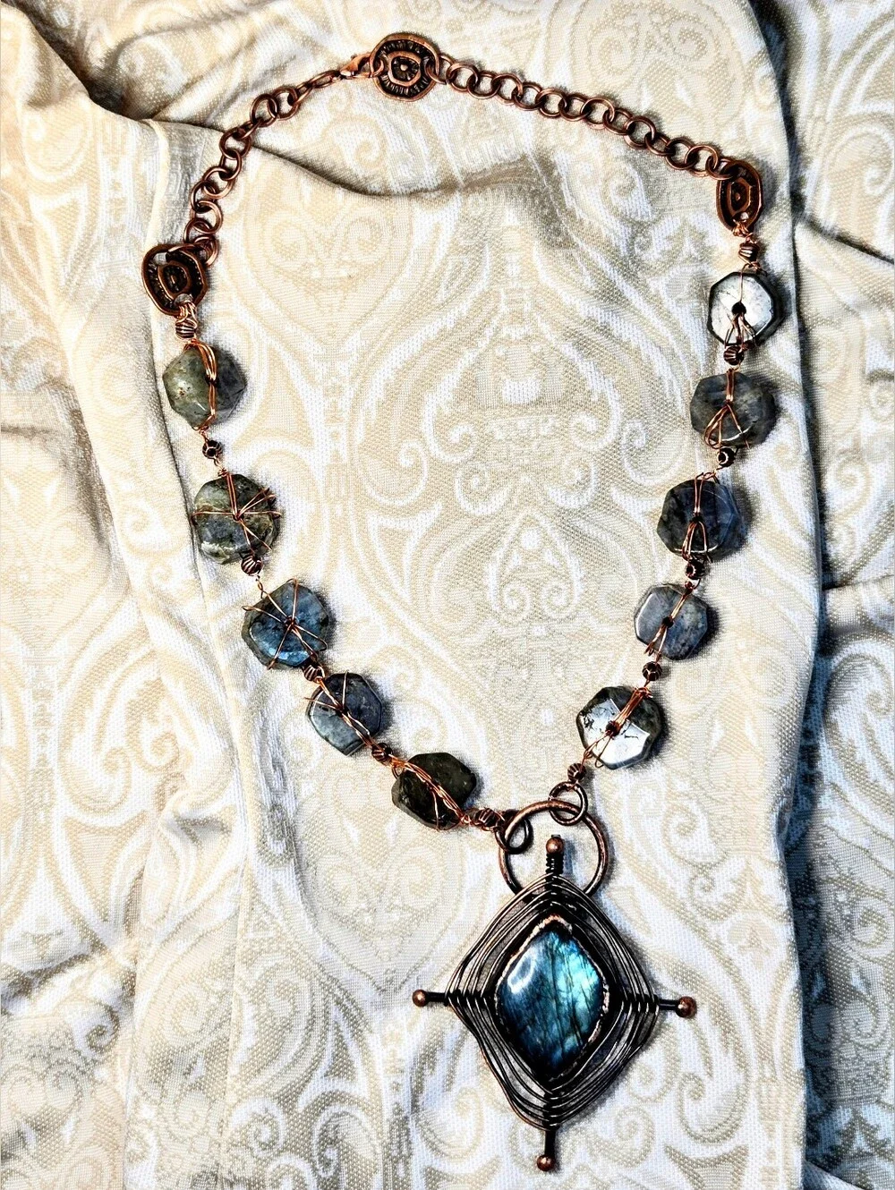 Handmade Natural Wheel Labradorite & Pendant Wire Wrapped Artisan Made Necklace
